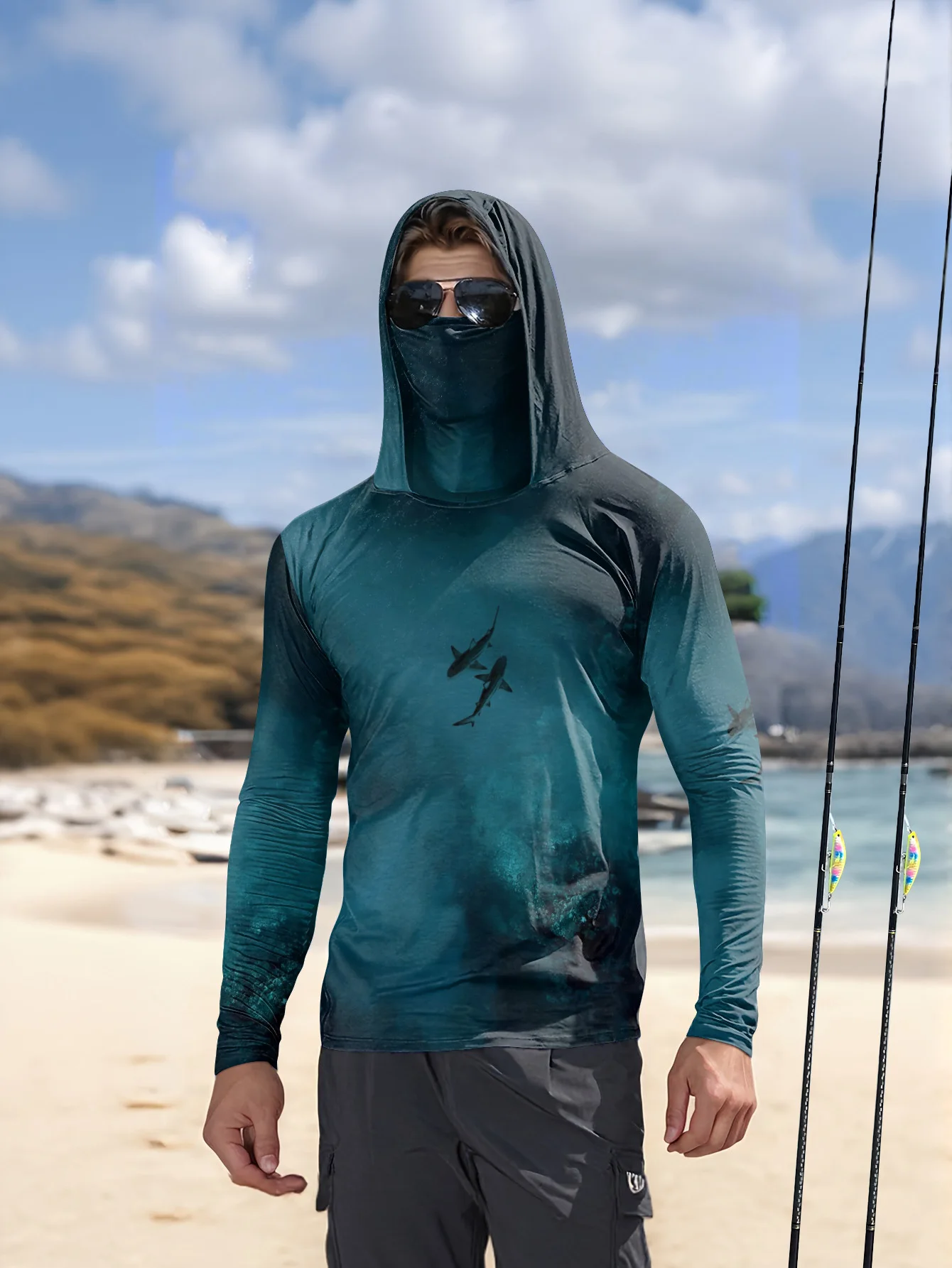 Fishing Mask Sun Protection - UPF50+ herenhoodie voor vissen, met ingebouwd